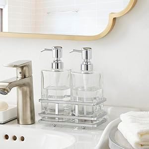 Square Glass Clear Lotion and Soap Pump Dispenser Set with Metal Stand Caddy for Bathroom Bath Kitchen Home Office Travel Hotel Hand Crafted Heavy Weight Chrome
