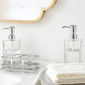 Square Glass Clear Lotion and Soap Pump Dispenser Set with Metal Stand Caddy for Bathroom Bath Kitchen Home Office Travel Hotel Hand Crafted Heavy Weight Chrome