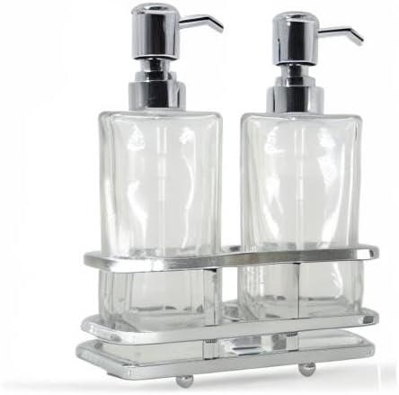 Square Glass Clear Lotion and Soap Pump Dispenser Set with Metal Stand Caddy for Bathroom Bath Kitchen Home Office Travel Hotel Hand Crafted Heavy Weight Chrome