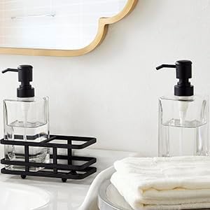 Square Glass Clear Lotion and Soap Pump Dispenser Set with Metal Stand Caddy for Bathroom Bath Kitchen Home Office Travel Hotel Hand Crafted Heavy Weight Matte Black