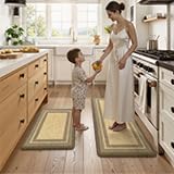 KIMODE Anti Fatigue Kitchen Mat, Cushioned Boho Kitchen Rugs Sets of 2, Non Slip Farmhouse Kitchen Mats for Floor, Waterproof Standing Desk Mats for Laundry Office Sink Brown/Khaki 20"x47"+20"x32"