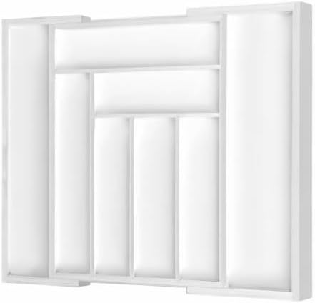 Pipishell Bamboo Expandable Drawer Organizer for Utensils Holder, Adjustable Cutlery Tray, Wood Drawer Dividers Organizer for Silverware, Flatware, Knives in Kitchen, Bedroom, Living Room (White)