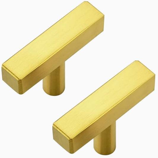 3 Pack Gold Cabinet Knobs - Sqaure Bar Cabinet Pulls Brushed Brass Knobs for Kitchen Cabinet Drawer Stainless Steel Dresser Knobs for Cabinet Hardware 2in Length Single Hole
