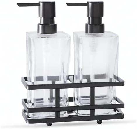 Square Glass Clear Lotion and Soap Pump Dispenser Set with Metal Stand Caddy for Bathroom Bath Kitchen Home Office Travel Hotel Hand Crafted Heavy Weight Oil Rubbed Bronze