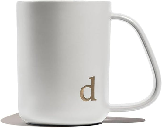 COLLECTIVE HOME - Ergonomic Handle Ceramic Mug, 15 oz Personalized Coffee Cup with Golden Initial, Microwave & Dishwasher Safe, Elegant Monogram Tea Mug in Gift Box for Home & Office (White-d)