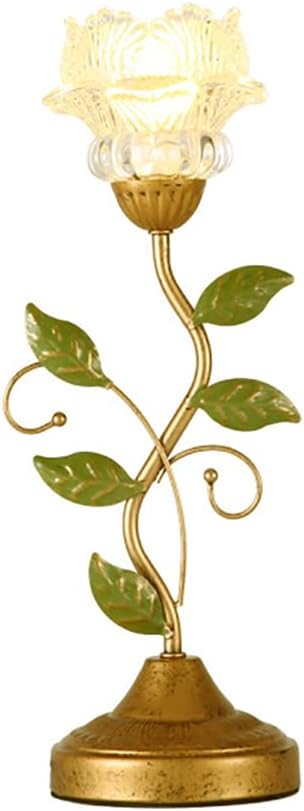 Glass Table Lamp, Antique Flower Decorative Bedside Desk Lamp with Green Leaf, Small Retro Decorative Lamp for Bedroom Living Room Bronze Finish