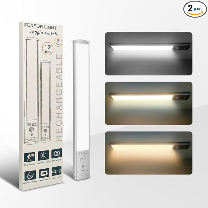 Under Cabinet Lighting, 2Pack Motion Sensor Light Indoor with 3 Color Temps, Rechargeable Under Counter Lights for Kitchen,Dimmable Closet Lights Battery Operated, 76 LED Motion Sensor Light Indoor