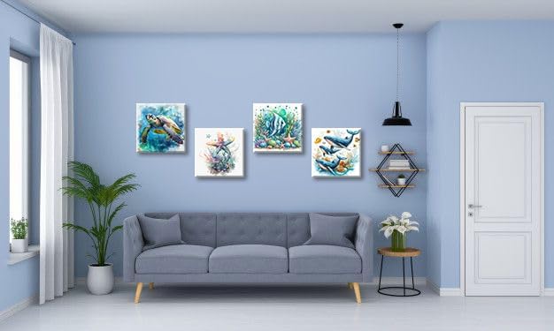 dgbtcart Ocean Wall Art Bathroom Decor โ Watercolor Sea Turtle, Starfish Whale Canvas Prints โ Coastal Beach Themed 4-Piece Set, 16x16 Modern Nautical Painting for Home, Bedroom, Kids Room
