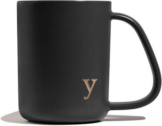 COLLECTIVE HOME - Ergonomic Handle Ceramic Mug, 15 oz Personalized Coffee Cup with Golden Initial, Microwave & Dishwasher Safe, Elegant Monogram Tea Mug in Gift Box for Home & Office (Black-y)