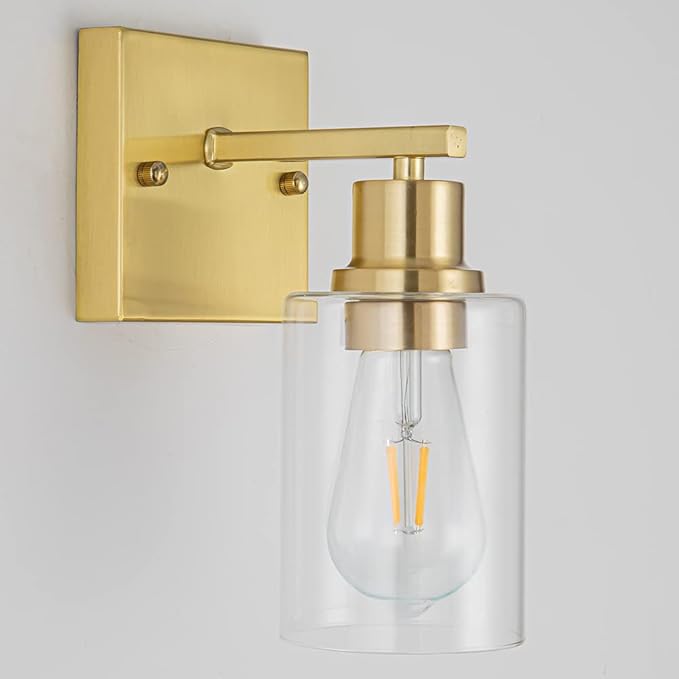 EMONG Gold Bathroom Light Fixtures,1-Lights Brushed Brass Vanity Light with Clear Glass Shade, Wall Sconces for Hallway, Farmhouse, Living Room