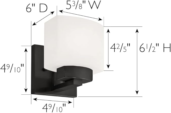 Design House Dove Creek Wall Light Sconce, Dimmable, Steel Construction, Frosted Glass, for Hallways/Bedrooms/Bathrooms, Matte Black, 6.0 in. L x 5.4 in. W x 6.5 in. H. 598481