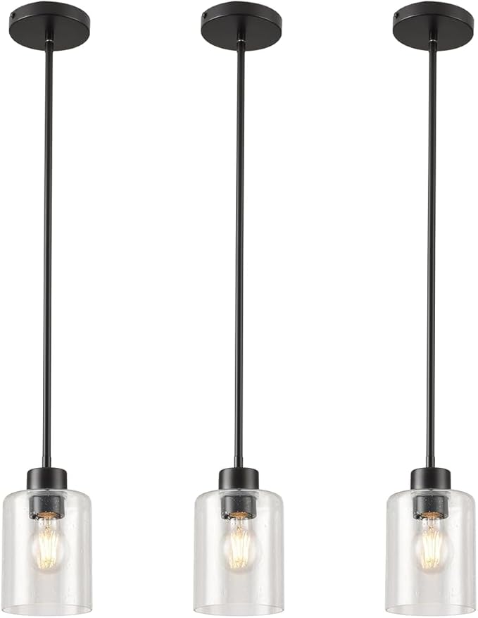 Black Pendant Light Fixture for Kitchen Island (seeded Glass Shade)