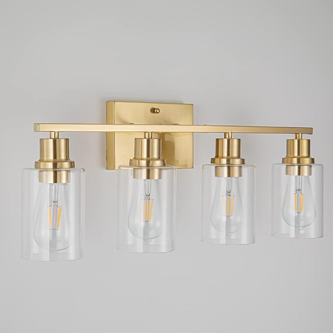 EMONG Gold Bathroom Light Fixtures,4-Lights Brushed Brass Vanity Light with Clear Glass Shade,Modern Wall Sconces for Hallway, Farmhouse,Living Room