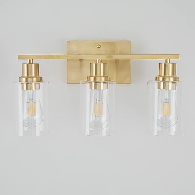 EMONG Gold Bathroom Light Fixtures, 3-Lights Vanity Light with Clear Glass Shade, Brushed Brass Wall Sconce for Hallway, Farmhouse, Living Room