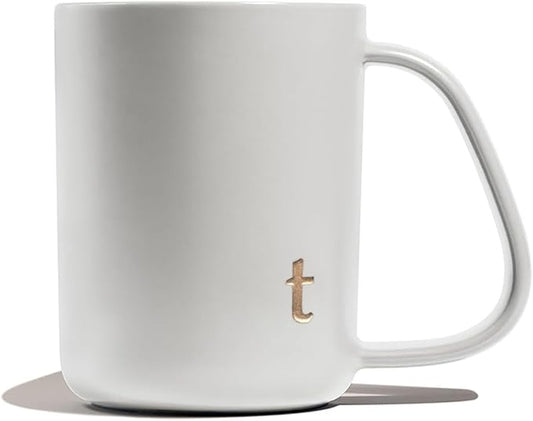 COLLECTIVE HOME - Ergonomic Handle Ceramic Mug, 15 oz Personalized Coffee Cup with Golden Initial, Microwave & Dishwasher Safe, Elegant Monogram Tea Mug in Gift Box for Home & Office (White-t)