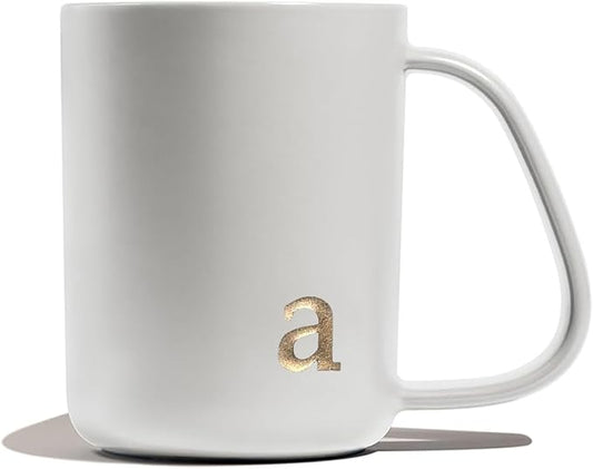 COLLECTIVE HOME - Ergonomic Handle Ceramic Mug, 15 oz Personalized Coffee Cup with Golden Initial, Microwave & Dishwasher Safe, Elegant Monogram Tea Mug in Gift Box for Home & Office (White-a)