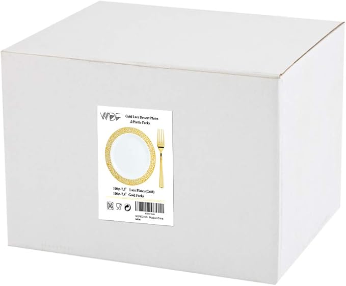 WDF 100pcs Gold Dessert Plates 7.5" with 100 Pieces Disposable Forks 7.4", Lace Design Fancy Appetizer Small Salad and Cake Plates for Thanksgiving Party/Weeding