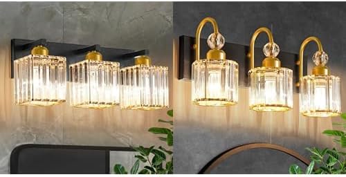 Black Gold 3-Crystal Bathroom Vanity Lights Bundle (Round + Square) - Over Mirror Makeup Lighting for Modern, Farmhouse Baths, Desks & Hallways