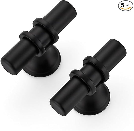 5 Pack Matte Black Cabinet Knobs - Kitchen Cabinet Knobs Black Cabinet Pulls for Kitchen Cabinet Drawer Stainless Steel Dresser Knobs for Cabinet Hardware 2 Inch Length Single Hole T Bar