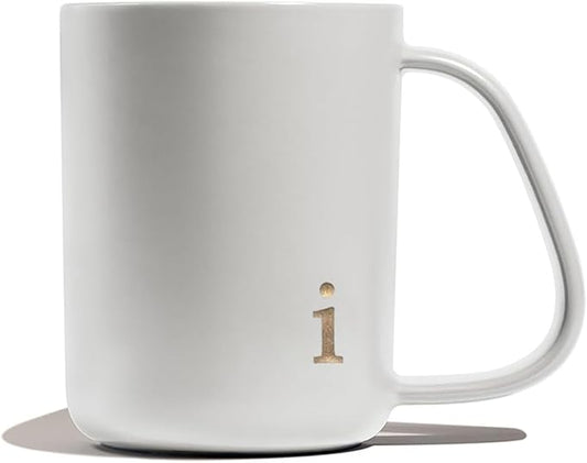 COLLECTIVE HOME - Ergonomic Handle Ceramic Mug, 15 oz Personalized Coffee Cup with Golden Initial, Microwave & Dishwasher Safe, Elegant Monogram Tea Mug in Gift Box for Home & Office (White-i)