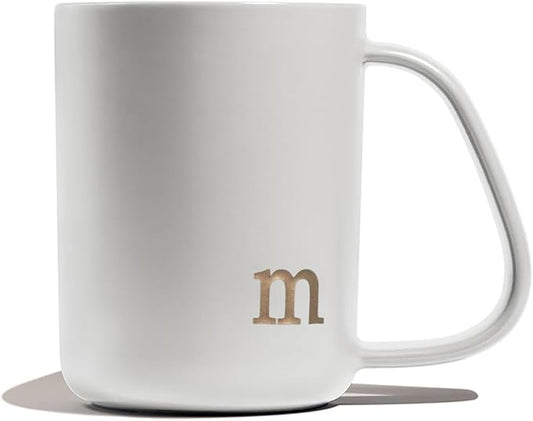 COLLECTIVE HOME - Ergonomic Handle Ceramic Mug, 15 oz Personalized Coffee Cup with Golden Initial, Microwave & Dishwasher Safe, Elegant Monogram Tea Mug in Gift Box for Home & Office (White-m)