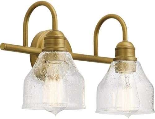 KICHLER Avery 15" Bathroom Vanity Industrial 2 Light Wall Fixture with Clear Seeded Glass in Natural Brass, for Bathroom (8.25" x 15" x 9.5") 45972NBR
