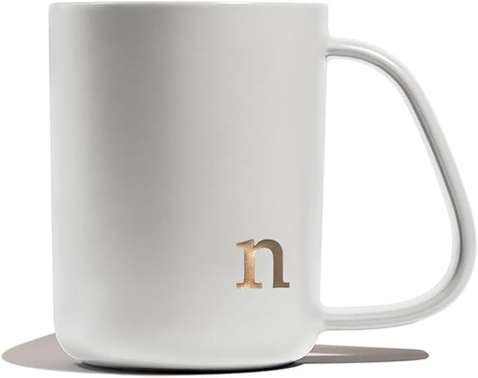 COLLECTIVE HOME - Ergonomic Handle Ceramic Mug, 15 oz Personalized Coffee Cup with Golden Initial, Microwave & Dishwasher Safe, Elegant Monogram Tea Mug in Gift Box for Home & Office (White-n)