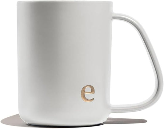 COLLECTIVE HOME - Ergonomic Handle Ceramic Mug, 15 oz Personalized Coffee Cup with Golden Initial, Microwave & Dishwasher Safe, Elegant Monogram Tea Mug in Gift Box for Home & Office (White-e)