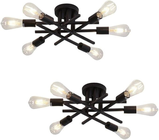 ASGYISA 6-Lights Semi Flush Mount Ceiling Light Fixture 2-Pack Black Vintage Matte Sputnik Chandelier Ceiling Lamp for Farmhouse Dining Room Living Room Bedroom Kitchen Entryway