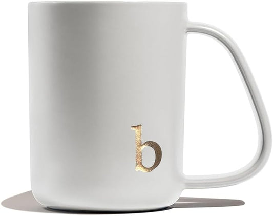 COLLECTIVE HOME - Ergonomic Handle Ceramic Mug, 15 oz Personalized Coffee Cup with Golden Initial, Microwave & Dishwasher Safe, Elegant Monogram Tea Mug in Gift Box for Home & Office (White-b)