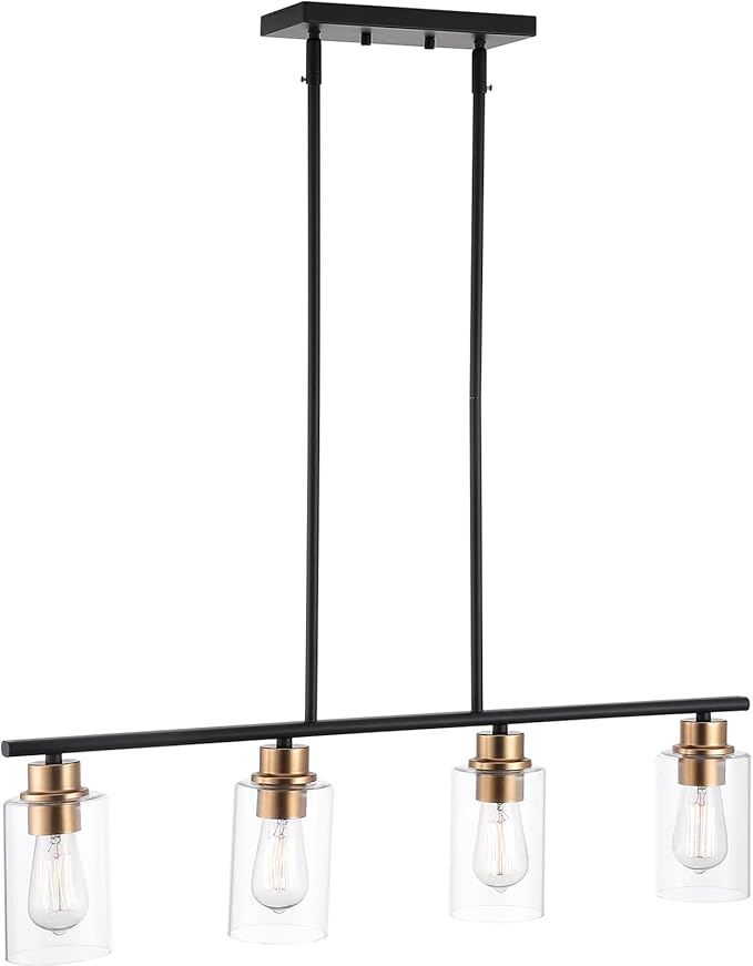 Kitchen Island Light, 4-Light Pendant Lighting, Farmhouse Industrial Dining Room Light Fixtures for Kitchen Island Dining Living Room, Matte Black Gold with Clear Glass Shade