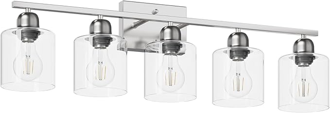 Bathroom Light Fixtures Brushed Nickel, 5 Light Bathroom Vanity Light Over Mirror, Vanity Lights with Clear Glass, E26 Socket