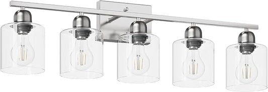 Bathroom Light Fixtures Brushed Nickel, 5 Light Bathroom Vanity Light Over Mirror, Vanity Lights with Clear Glass, E26 Socket