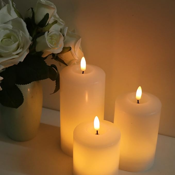 Eldnacele 3D Wick Flameless Pillar LED Candles with Remote Timer, Battery Operated 3 Pack White Real Wax Candle Set Realistic Flickering Flame Party Wedding Home Decoration