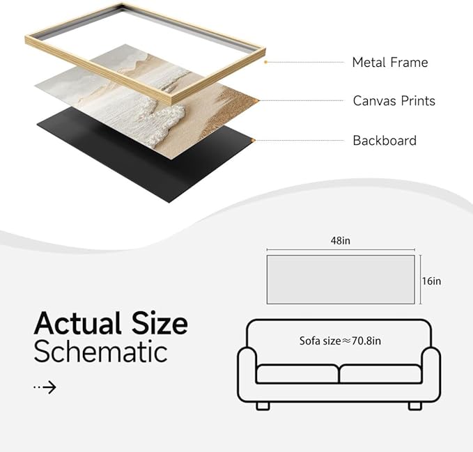 Framed Boho Coastal Beach Wall Art for Living Room, Large Neutral Ocean Canvas Artworks for Walls, Long Horizontal Abstract Minimalist Coastal Art Print for Bedroom Kitchen Office Wall Decor, 16x48 In