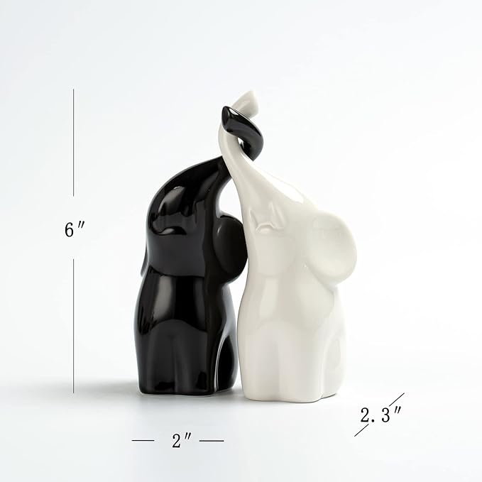 OwMell Set of 2 Loving Elephant Statue Figurine, 6" Elephant Ring Holder, Gifts for Couples Home Lucky Decor - Black White