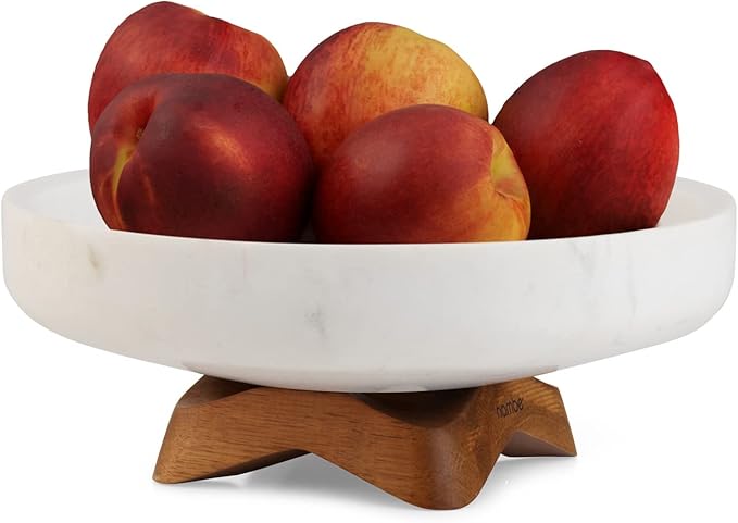 nambe Chevron Fruit Bowl – White Marble and Acacia Wood Decorative Footed Bowl - Kitchen Counter Table Display Centerpiece Bread Vegetable Holder on Pedestal- 10.5”