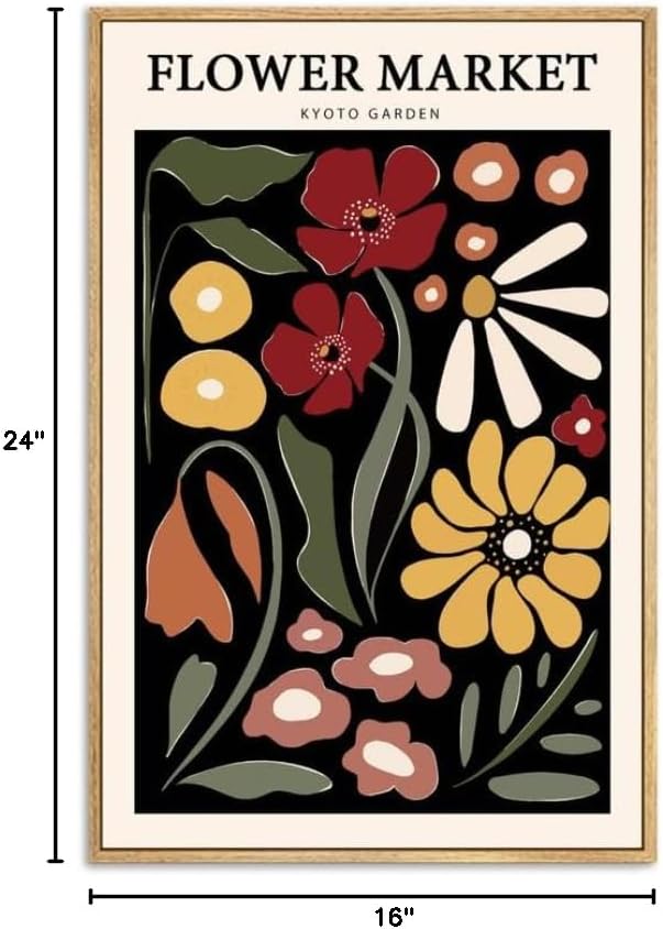 Gufro Framed Flower Market Wall Art,Floral Pictures Wall Decor,Abstract Colorful Botanical Painting for Living Room, Bedroom, Office-16x24in