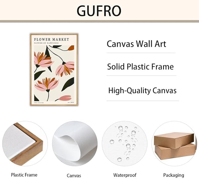 Gufro Framed Flower Market Canvas Wall Art,Flower Abstract Minimalist Wall Art,Danish Pastel Art Print for Living Room Bedroom office Decoration-12''x16''Natural Framed