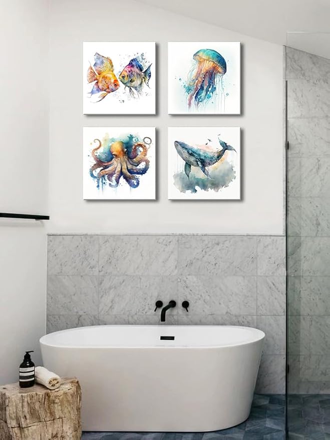 Colorful Marine Life Canvas Wall Art for Bathroom Decor, Green Jellyfish Picture Print, Watercolor Fish Artwork Sea Life Blue Orange Octopus Painting Poster for Bedroom Living Room Decoration 16"x16"