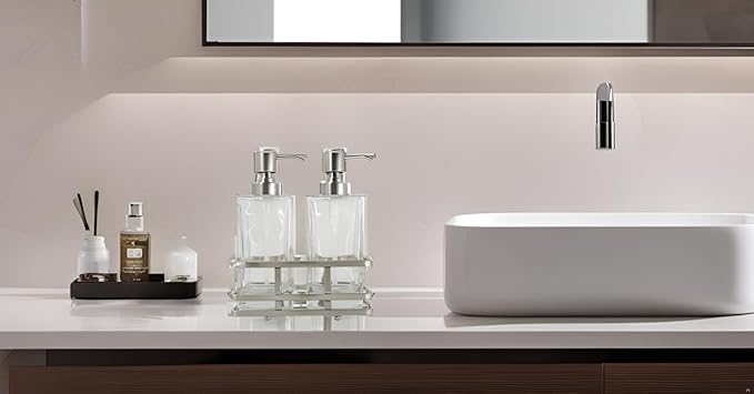 Square Glass Clear Lotion and Soap Pump Dispenser Set with Metal Stand Caddy for Bathroom Bath Kitchen Home Office Travel Hotel Hand Crafted Heavy Weight Nickel