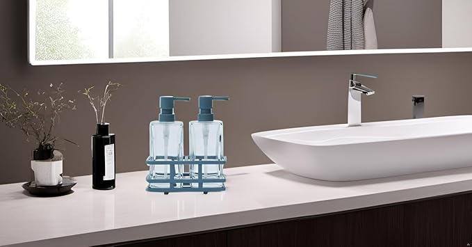 Square 3 Piece Glass Clear Lotion and Soap Pump Dispenser Set with Metal Stand Caddy for Bathroom Bath Kitchen Home Office Travel Hotel Hand Crafted Heavy Weight Spa Blue