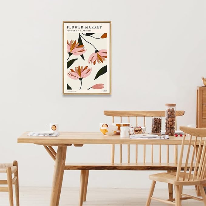 Gufro Framed Flower Market Canvas Wall Art,Flower Abstract Minimalist Wall Art,Danish Pastel Art Print for Living Room Bedroom office Decoration-12''x16''Natural Framed