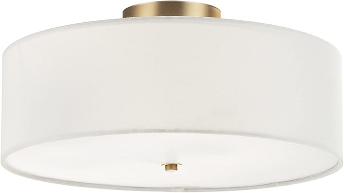 GLOBE Electric 60998 2-Light Flush Mount Ceiling Light, Matte Brass, White Linen Shade, E26 Base, Minimalist Lighting for Kitchen Island, Bathroom, Bedroom, or Dining Room, Home Decor