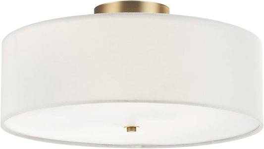 GLOBE Electric 60998 2-Light Flush Mount Ceiling Light, Matte Brass, White Linen Shade, E26 Base, Minimalist Lighting for Kitchen Island, Bathroom, Bedroom, or Dining Room, Home Decor