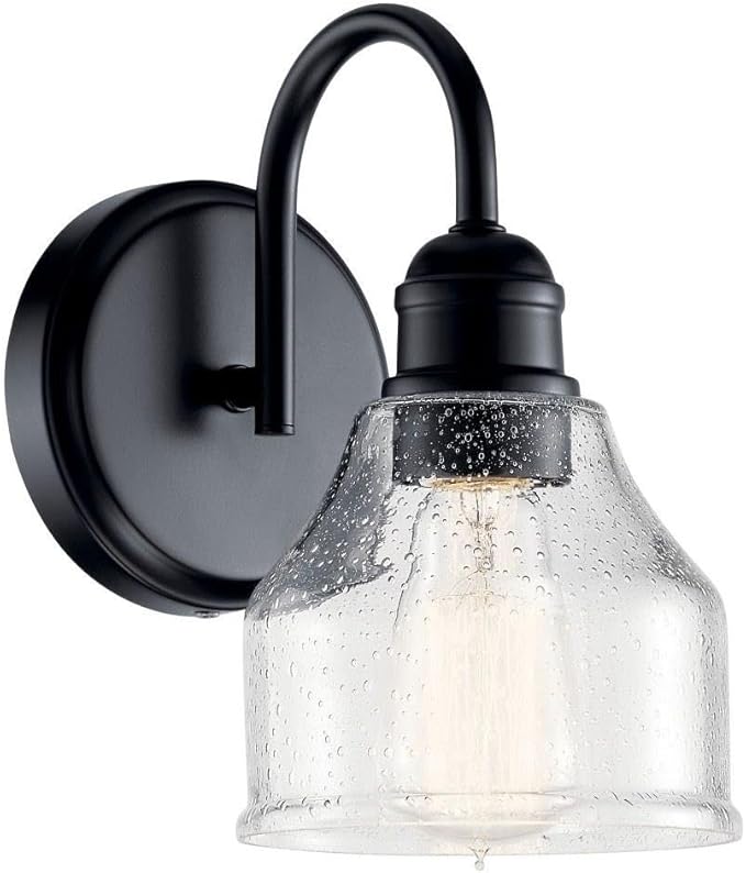 KICHLER Avery 5.5" Wall Sconce Industrial 1 Light Wall Fixture with Clear Seeded Glass in Black, for Bathroom, Bedroom or Hallway (8.25" x 5.5" x 9.5") 45971BK