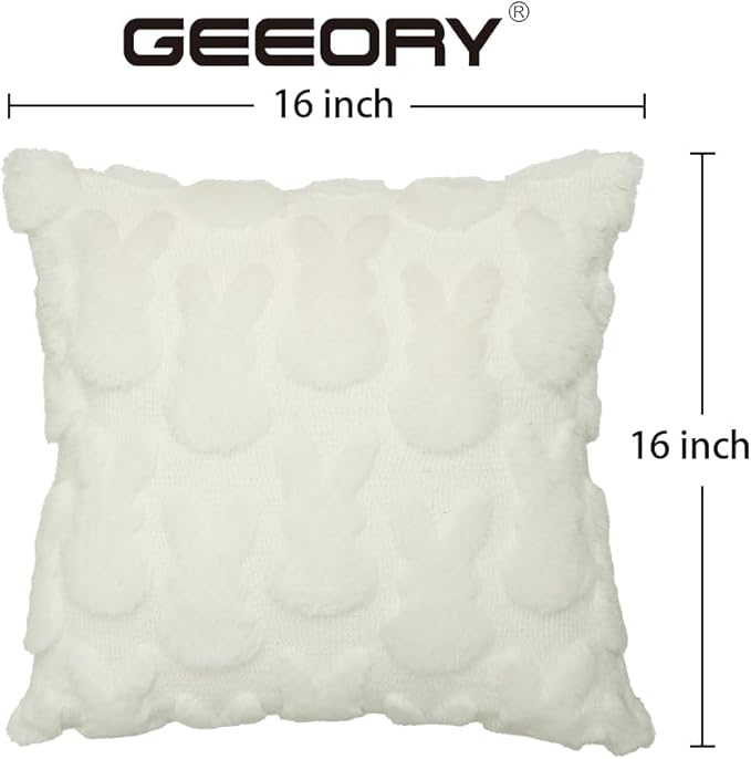 GEEORY Easter Bunny Soft Plush Pillow Covers, 16 x 16 Inch Set of 2, Fluffy Faux Fur Wool Decorative Farmhouse Cushion Case for Sofa Home Decoration Beige GC013-16