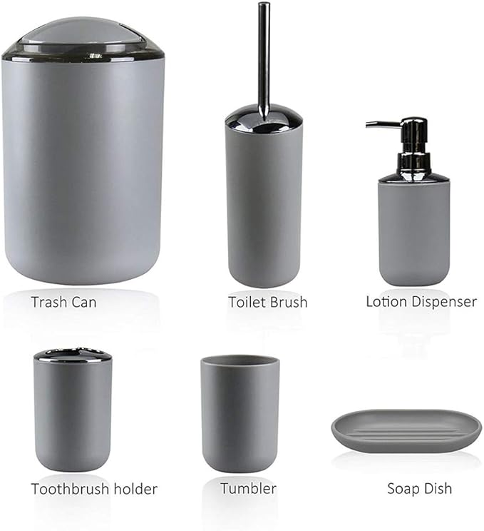 IMAVO Bathroom Accessories Set,Grey Bathroom Set,7 Pieces Bathroom Accessory Set,Tray,Toilet Brush,Trash Can for Bathroom Décor and Housewarming Gifts