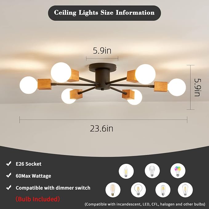 Semi Flush Mount Wood Ceiling Light Fixture 6-Lights Rustic Wooden Sputnik Chandelier Farmhouse Ceiling Lighting Oak and Black with E26 for Dining Room Bedroom Kitchen Lighting Fixture.