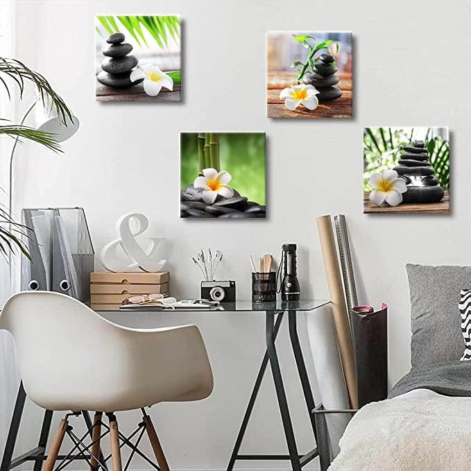 Yxbhhym-Zen Pictures Meditation Canvas Wall Art Spa Stone Green Room Decor White Frangipani Flower Poster Painting Zen Artwork for Bathroom Wall Dรฉcor Living Room Kitchen Decorations Framed Art